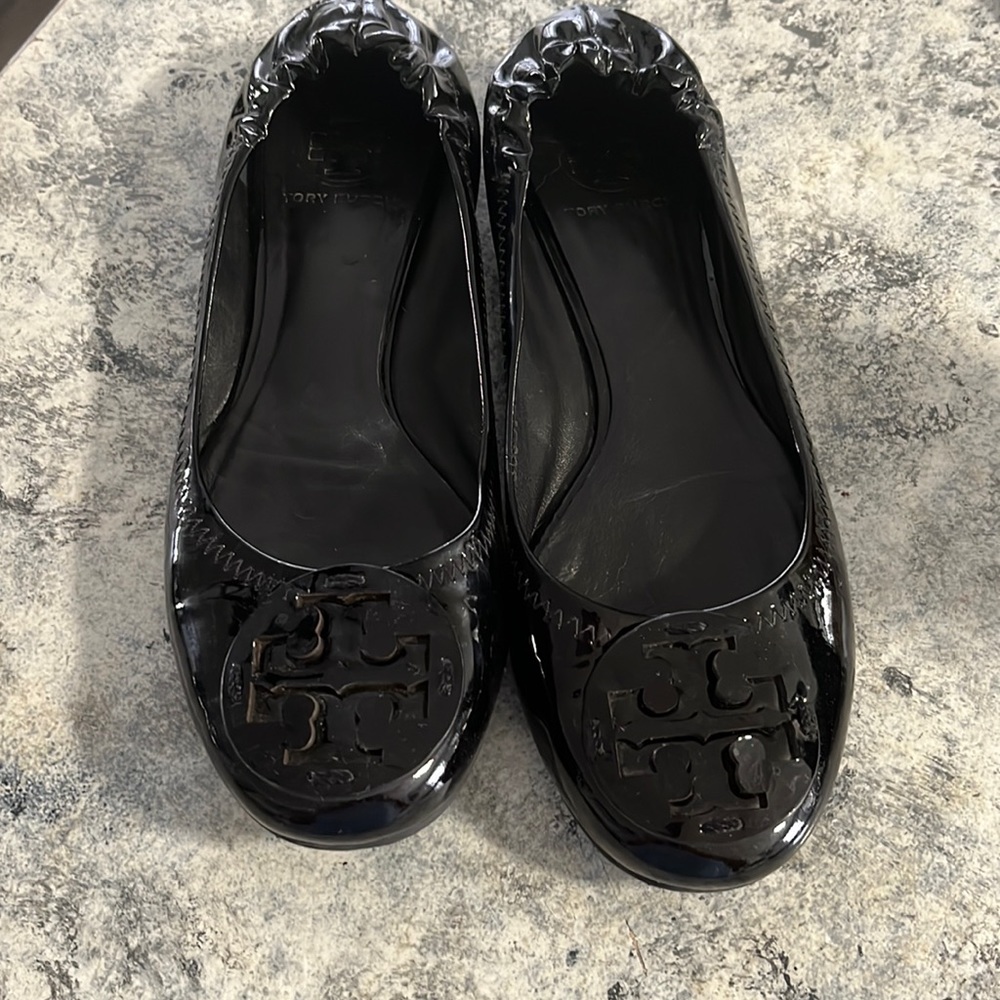 Tory Burch Classic Reva Ballet Black Patent Flats Women's 8